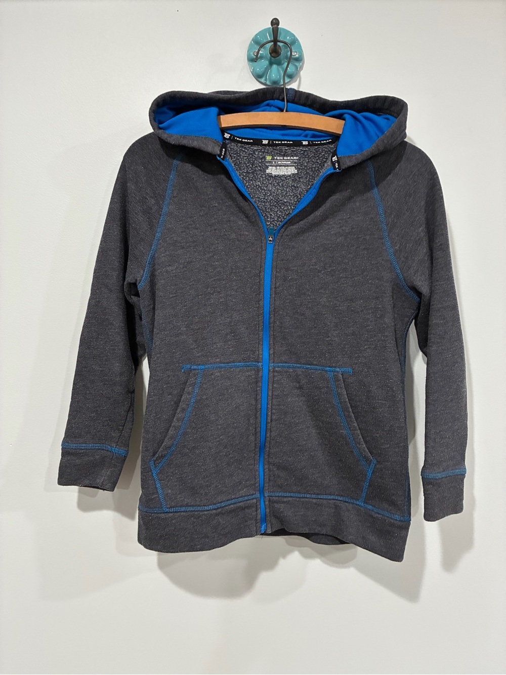 3/$10 youth small tek gear Charcoal Hoodie with Blue Trim